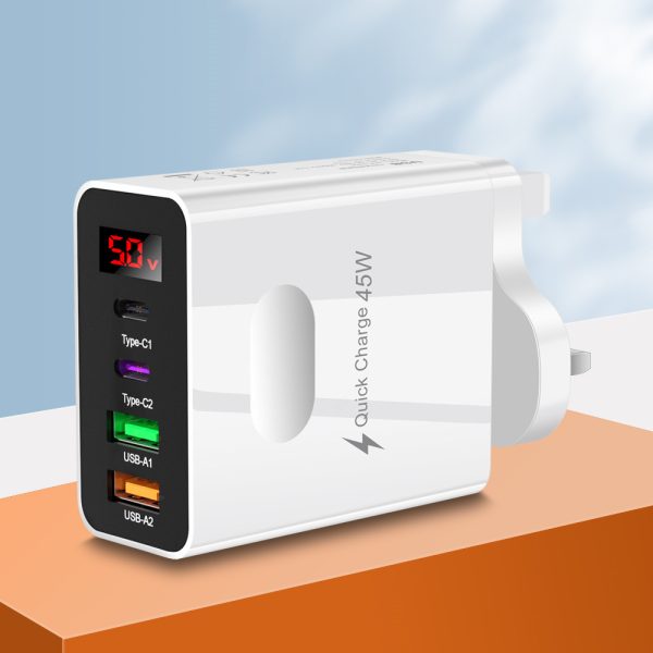 Digital display 2USB+2Type-c digital display mobile phone charger, multi port charging head, European, American and British standard plug - Image 2