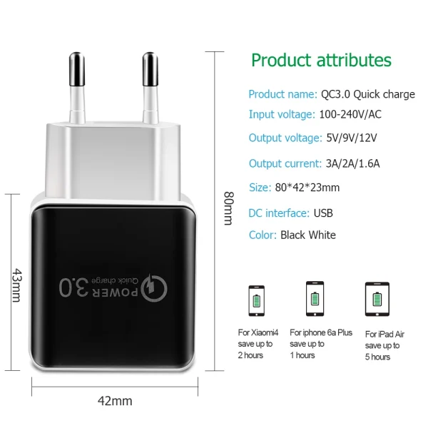 QC3.0 USB Charger EU Plug 18W Quick Charge 3.0 Fast Adapter Wall Mobile Phone Charger - Image 5