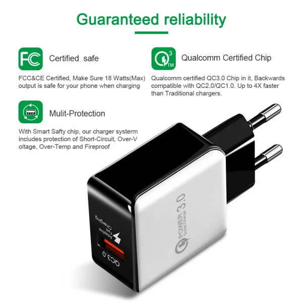 QC3.0 USB Charger EU Plug 18W Quick Charge 3.0 Fast Adapter Wall Mobile Phone Charger - Image 2